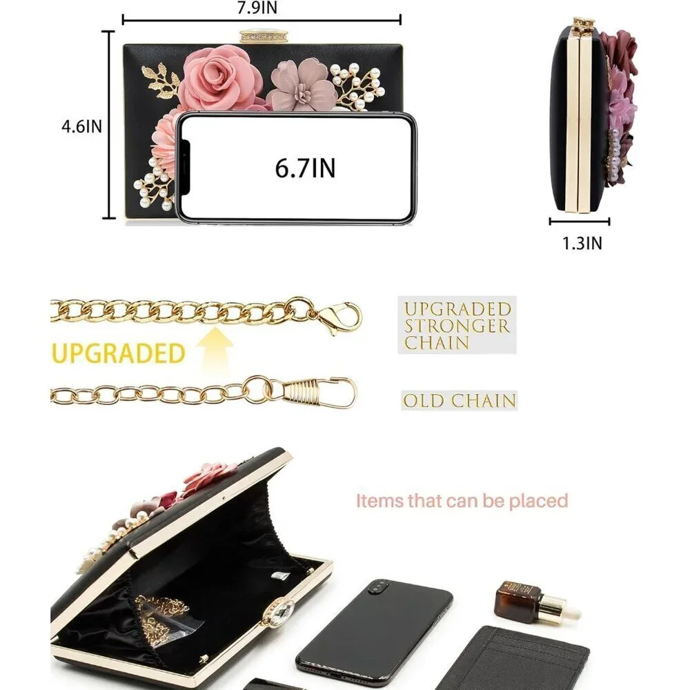 Women's Flower Evening Clutch Purse Floral Satin Leather Wedding Party Bag